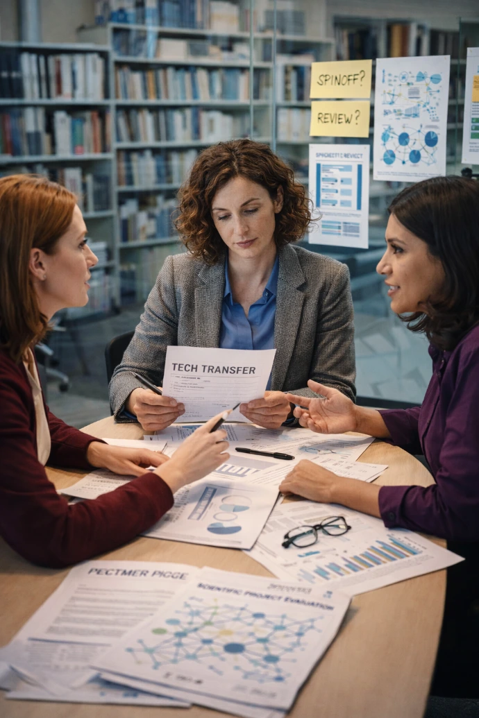 Three tech transfer professionals deliberating on a project.